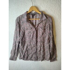 Bit & Bridle Brown Floral Western Pearl Snap Shirt XL Long Sleeve Cotton Lace
